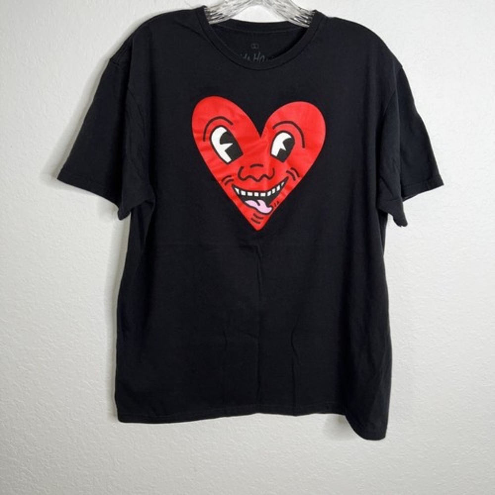 Keith Haring Smiling Heart Face Short Sleeve Black T-shirt Size Large